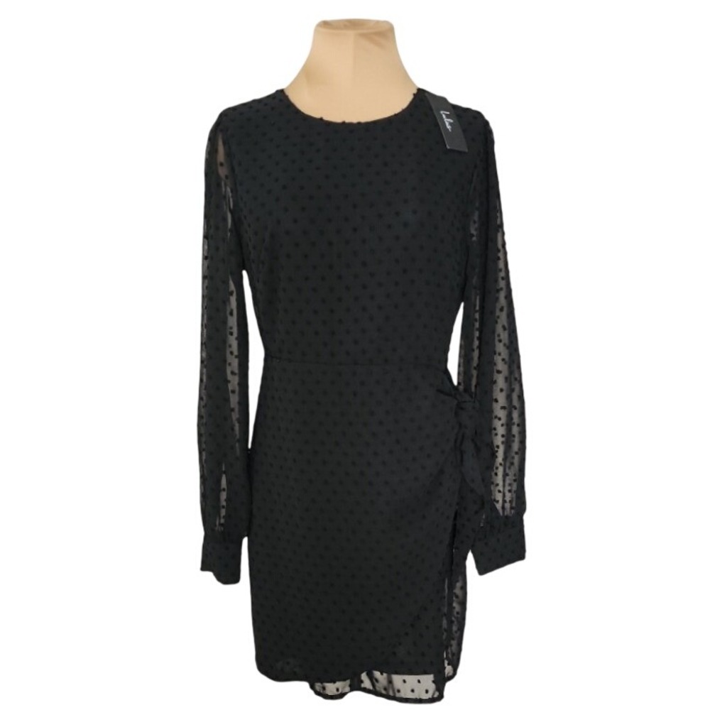Lulus NWT Black Swiss Dot Long Sleeve Mini Dress Faux Wrap Tie Cocktail Medium